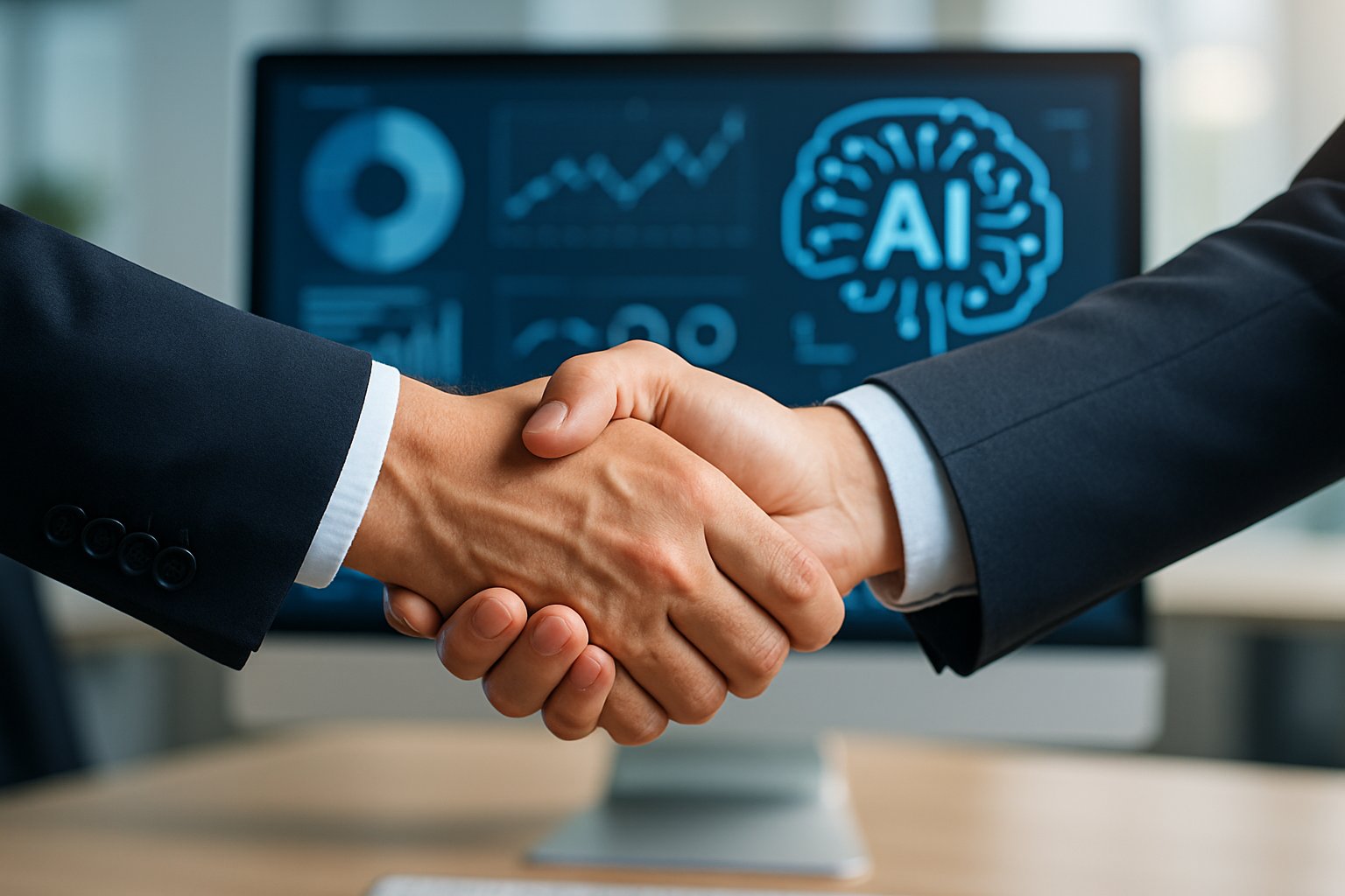 Professionals confirming AI adoption rollout with handshake in office.