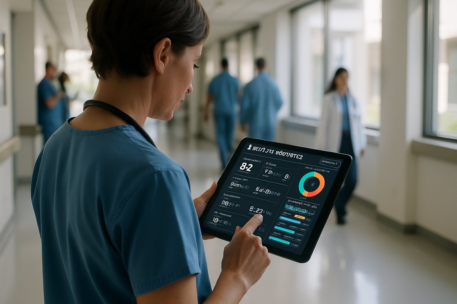 Doctor reviews patient data through ai adoption in healthcare​ dashboard.