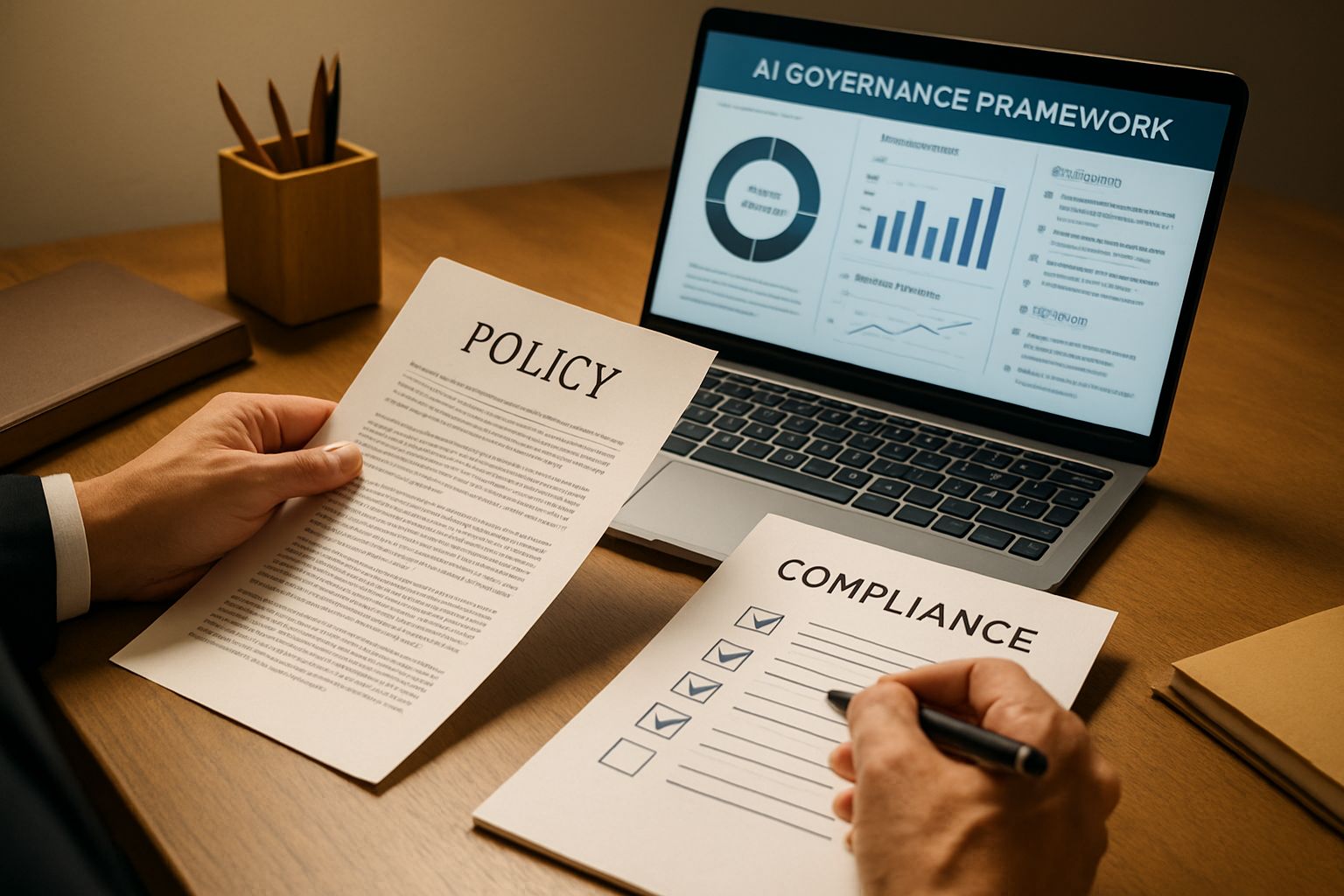 Legal expert auditing documents for AI governance framework compliance.