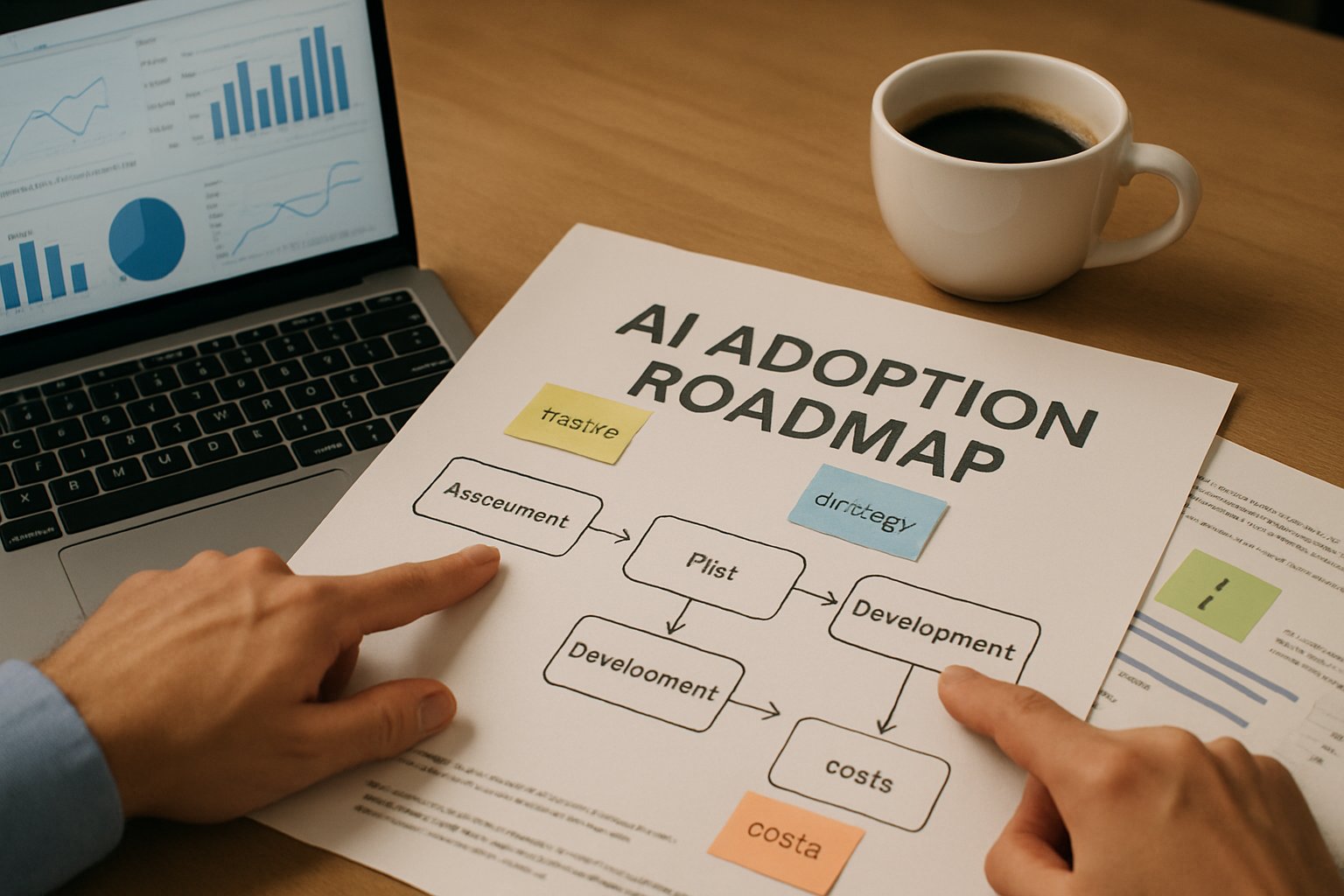 Desk with AI adoption roadmap documents and technology in real office setting