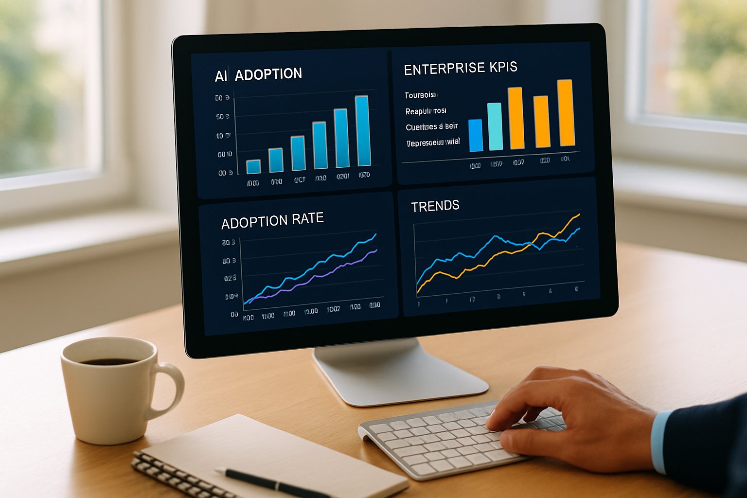 AI Adoption Trends dashboard with enterprise graphs and key metrics on a monitor.