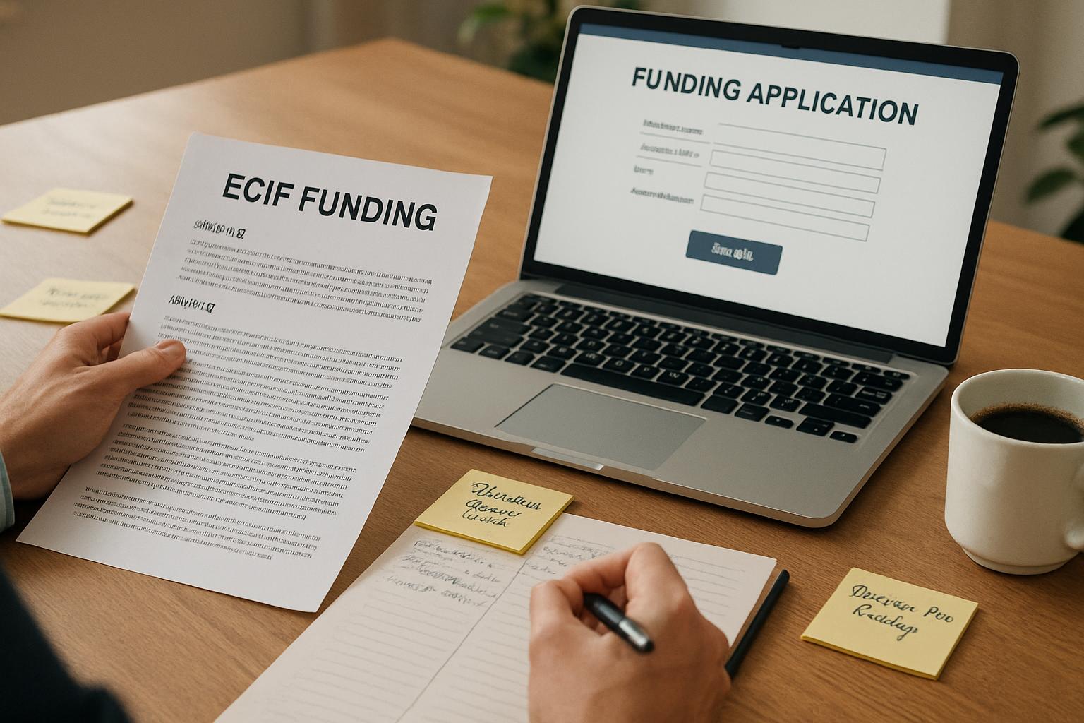 Professional reviewing ECIF Funding documents and application portal in an office environment.