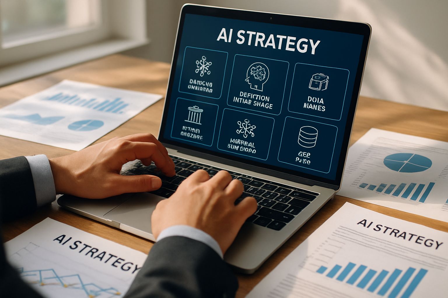 Professional working on artificial intelligence framework strategy at laptop.