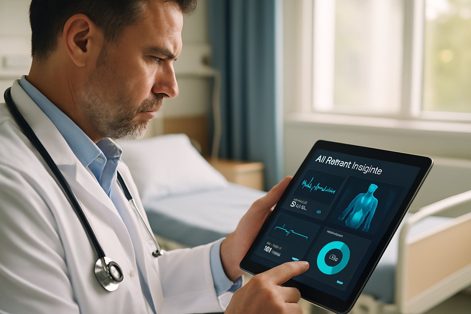 Clinician reviewing healthcare AI adoption outcomes on a digital tablet.