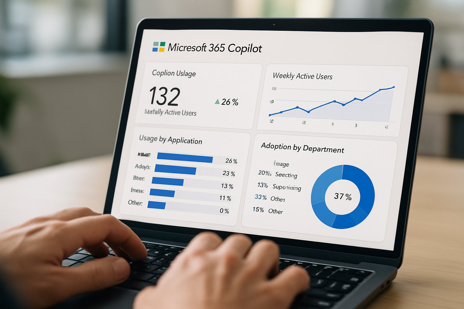 Microsoft 365 Copilot adoption analytics dashboard on laptop screen