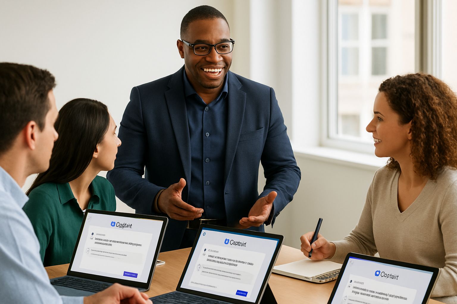 IT leader coaches employees on Microsoft Copilot adoption during a hands-on training session.