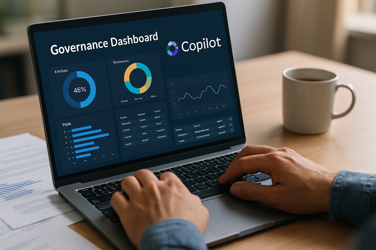 IT administrator setting governance for Microsoft Copilot adoption on a laptop.