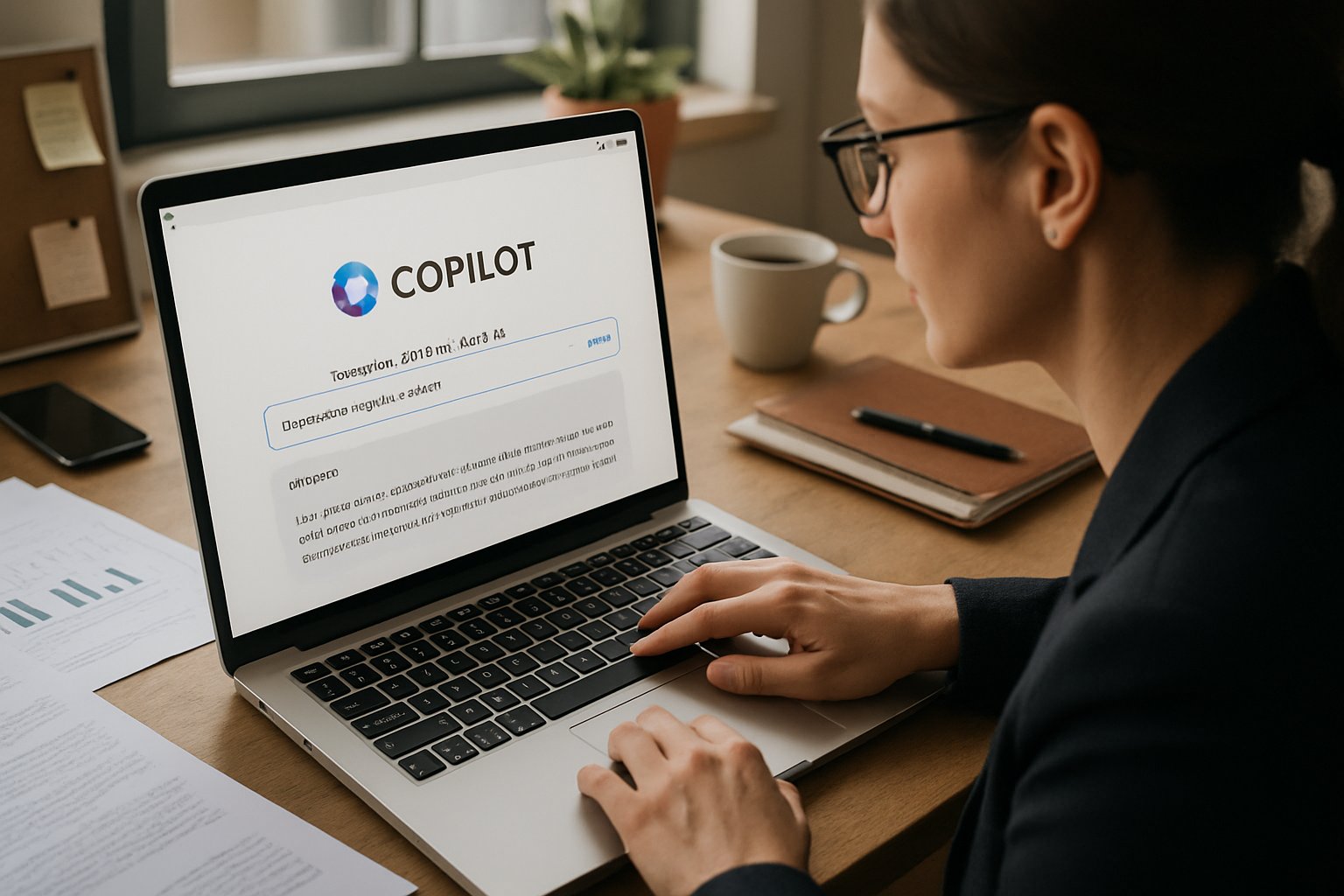 Professional working on Microsoft Copilot Adoption at office desk.