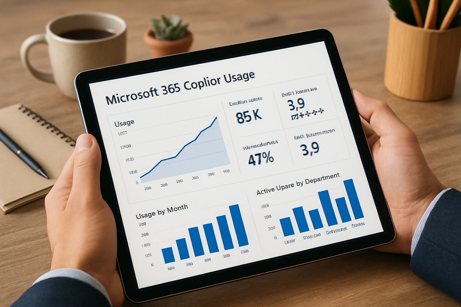 Tablet displaying Microsoft 365 Copilot adoption KPIs in an office.