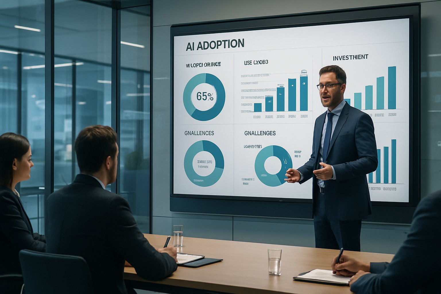 Corporate meeting showing AI adoption dashboard for enterprise impact