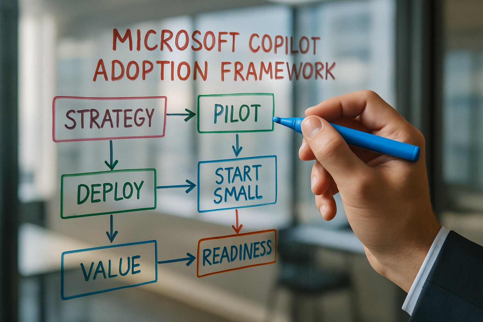 Hand outlining Microsoft Copilot adoption framework steps on glass board.