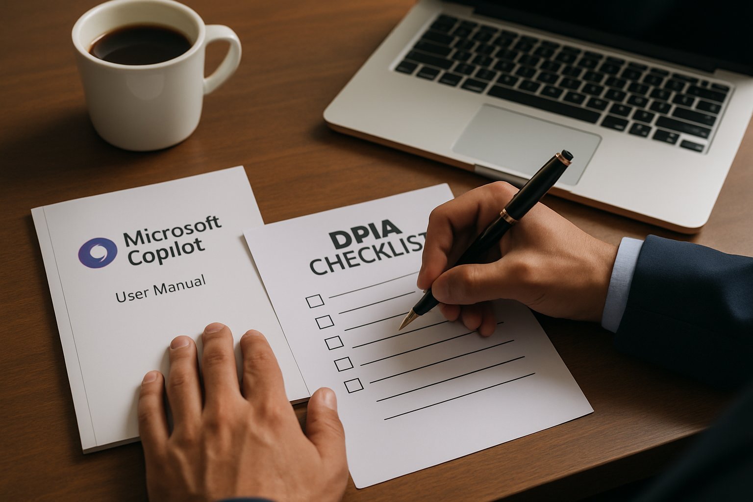 Hands filling DPIA checklist for Microsoft Copilot Adoption