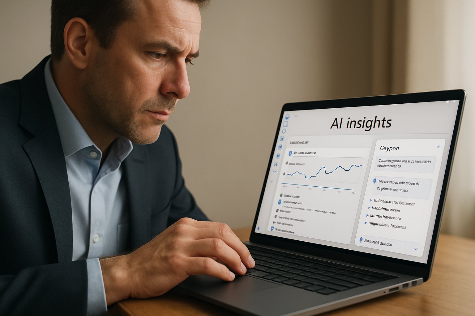Executive analyzing AI Copilot for leadership insights on a laptop.