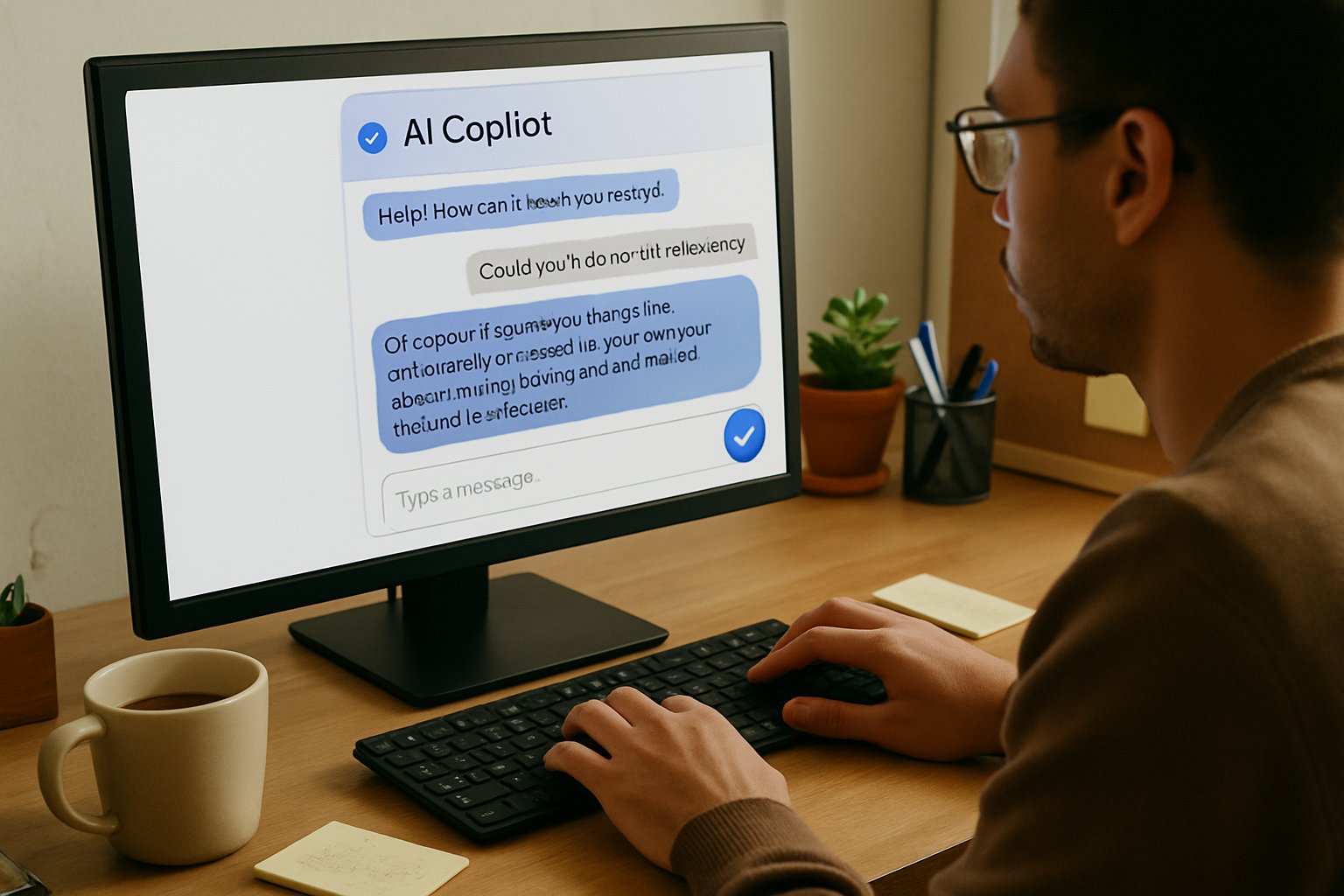 Employee using AI copilots for onboarding and AI adoption in HR software.