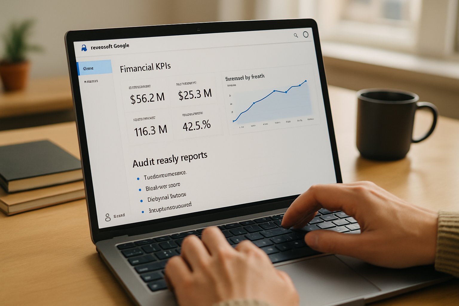 Laptop displaying Microsoft Copilot Adoption KPI dashboard for finance oversight.
