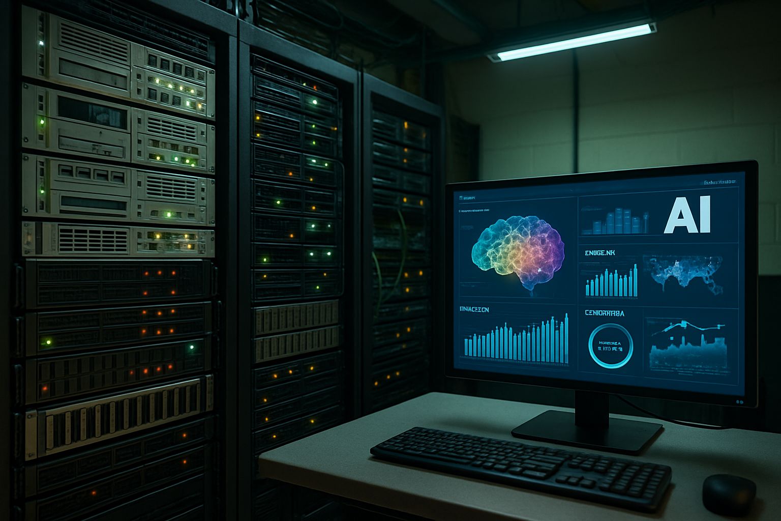 Server room showing legacy hardware integrating with modern AI Adoption dashboard.