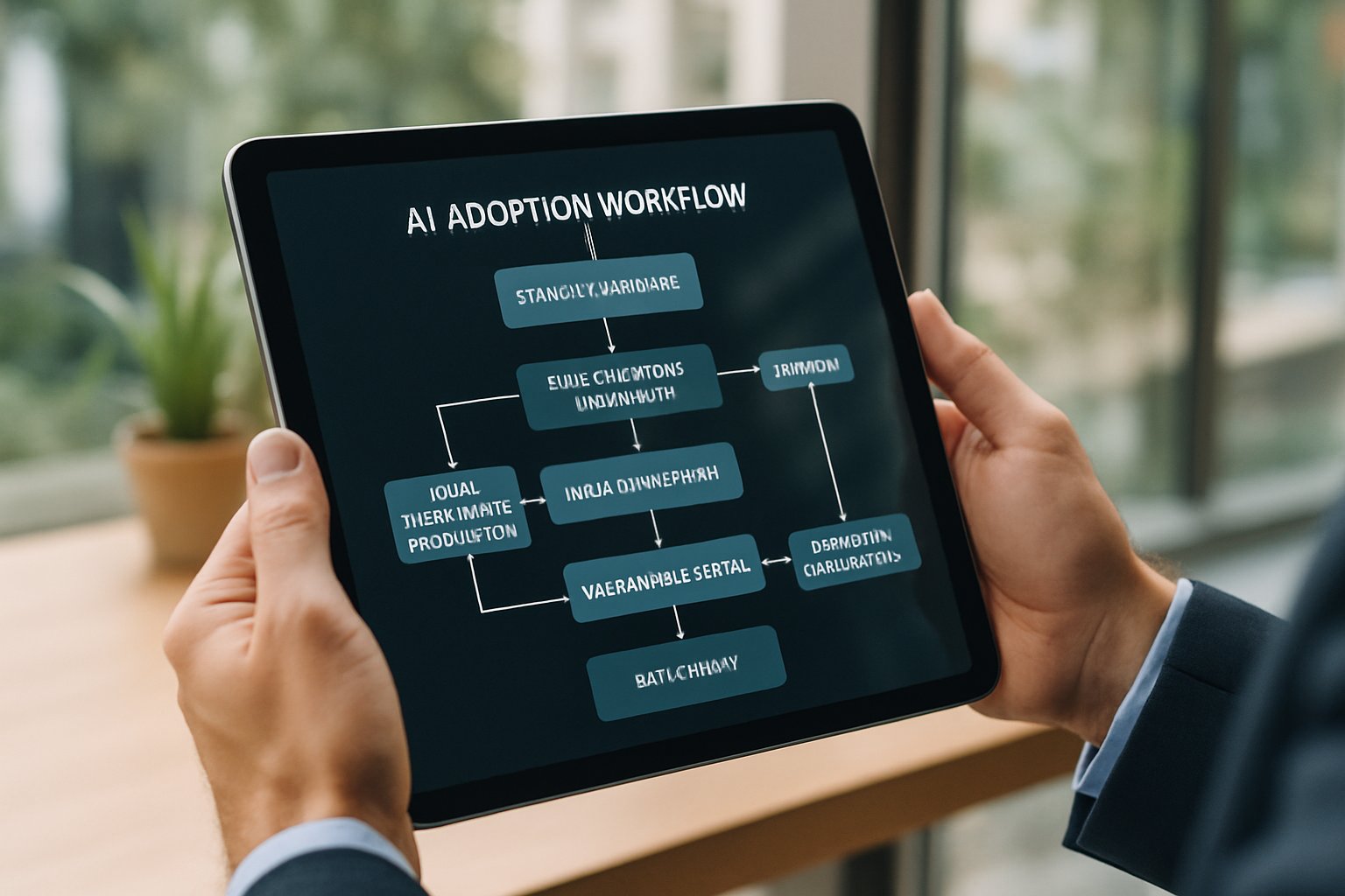Manager examines AI Adoption workflow on tablet in authentic office setting.