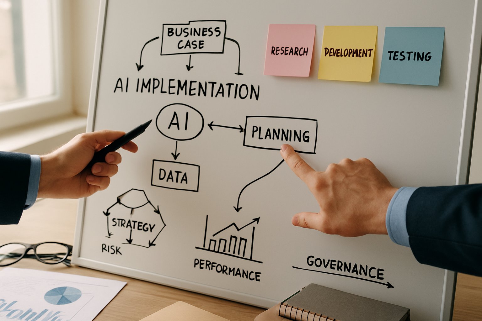 Hands outlining AI Adoption plan on a strategy whiteboard