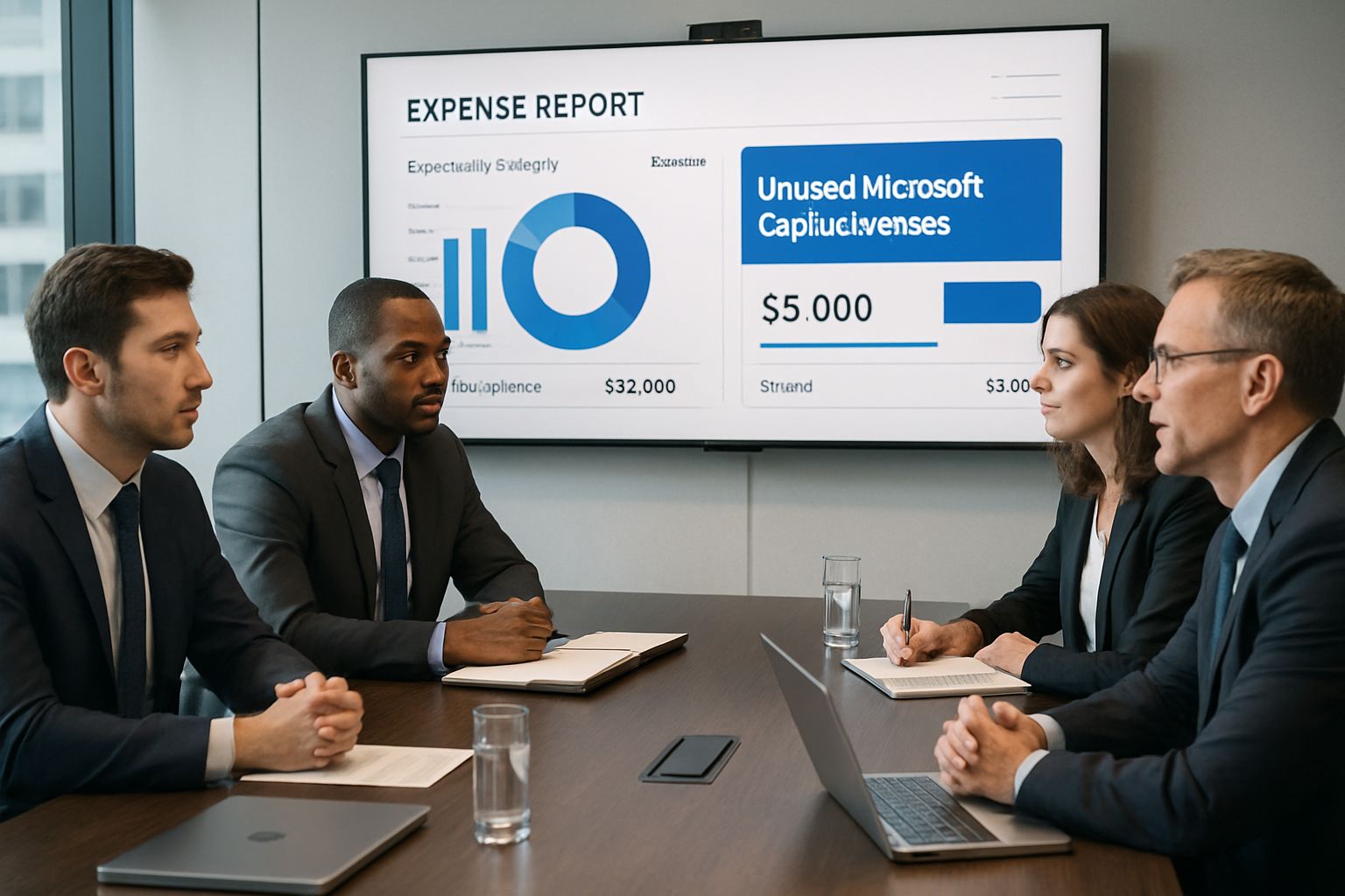 Enterprise leaders discussing budget impact of unused Microsoft Copilot licenses in a meeting.