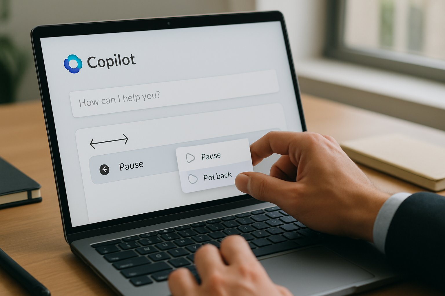 User pausing Microsoft Copilot Adoption process on computer in real office.