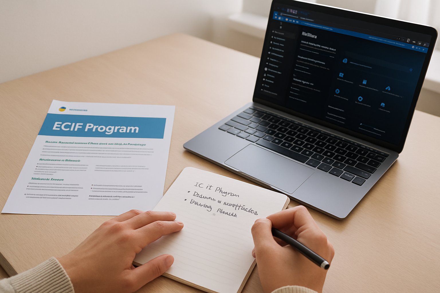 Professional takes notes with Microsoft ECIF Program brochure and Azure dashboard.