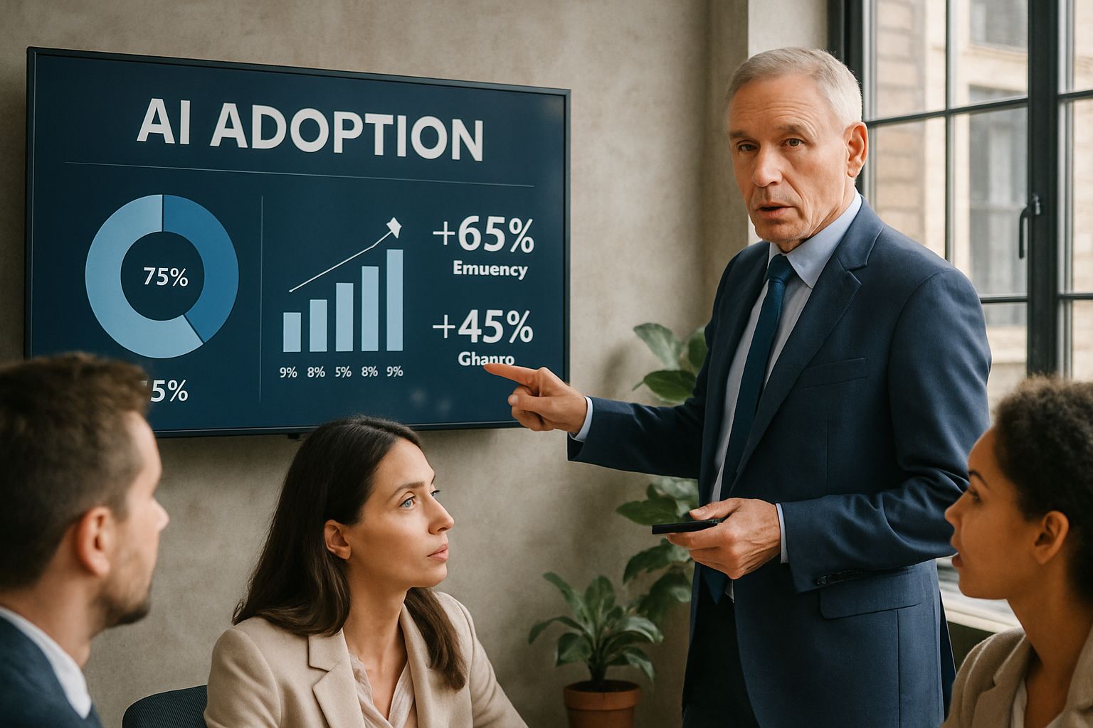 Business leader presents AI Adoption metrics to engaged employees.