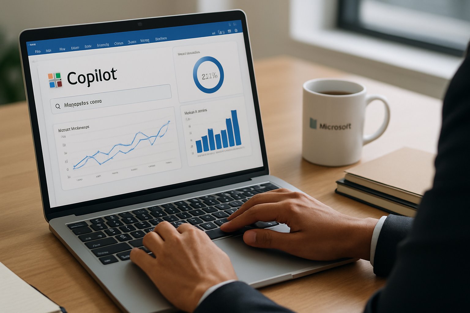 Professional reviews Microsoft Copilot Adoption analytics on laptop in business setting.