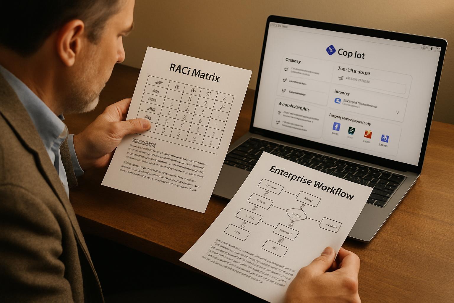 IT manager reviews RACI matrix for Microsoft Copilot Adoption process.