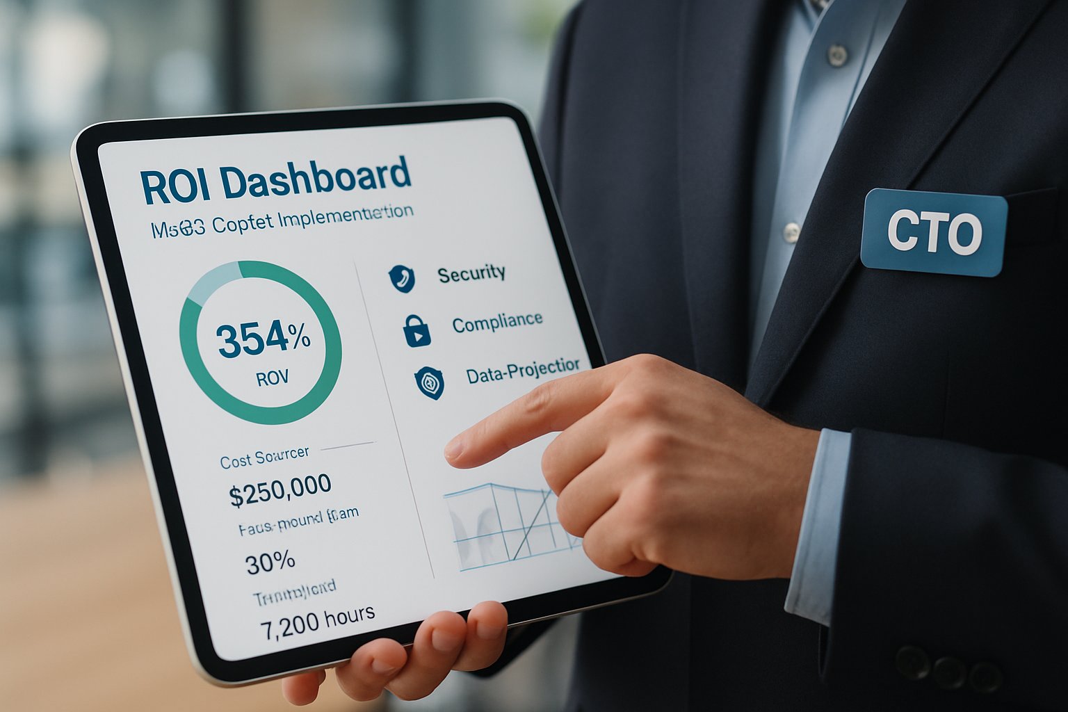 M365 Copilot for CTOs ROI dashboard displayed on CTO's tablet.