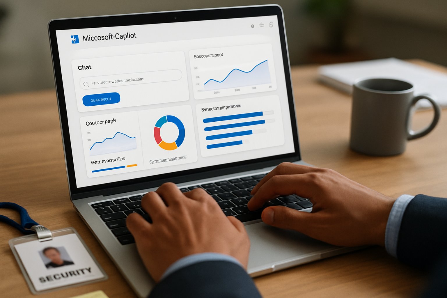 Professional deploying Microsoft Copilot Adoption with security measures visible.