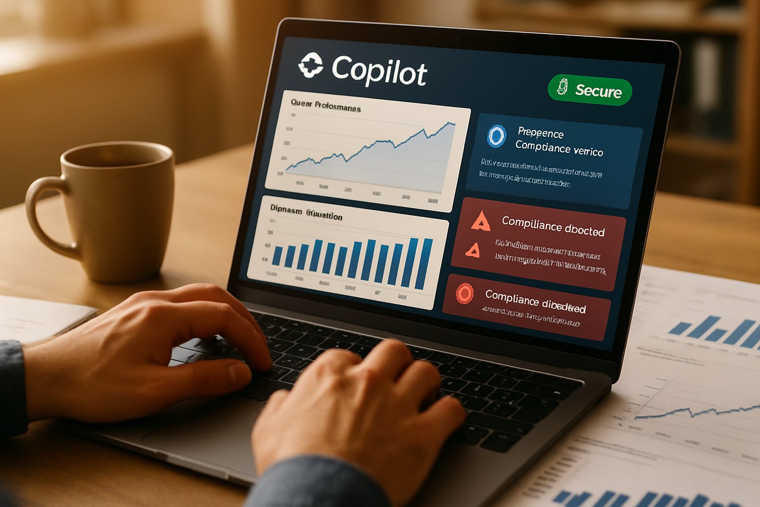 Finance analyst using Microsoft copilot adoption in finance interface securely