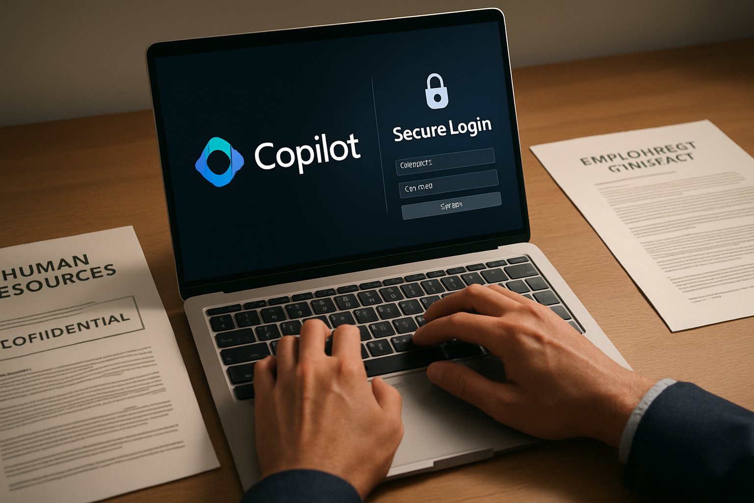 Realistic desktop scene showing Microsoft Copilot Adoption with secure HR data.
