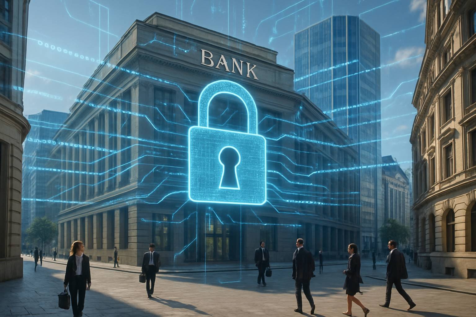 Headquarters showcasing secure AI in financial services with digital overlays.