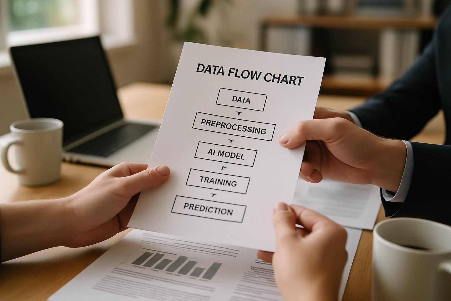 Colleagues sharing AI Adoption data flow chart in a realistic office setting