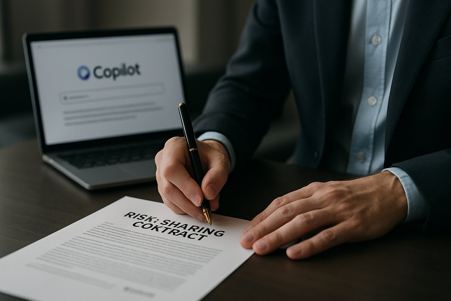 Risk-sharing contract signing for Microsoft Copilot Adoption in an enterprise office.