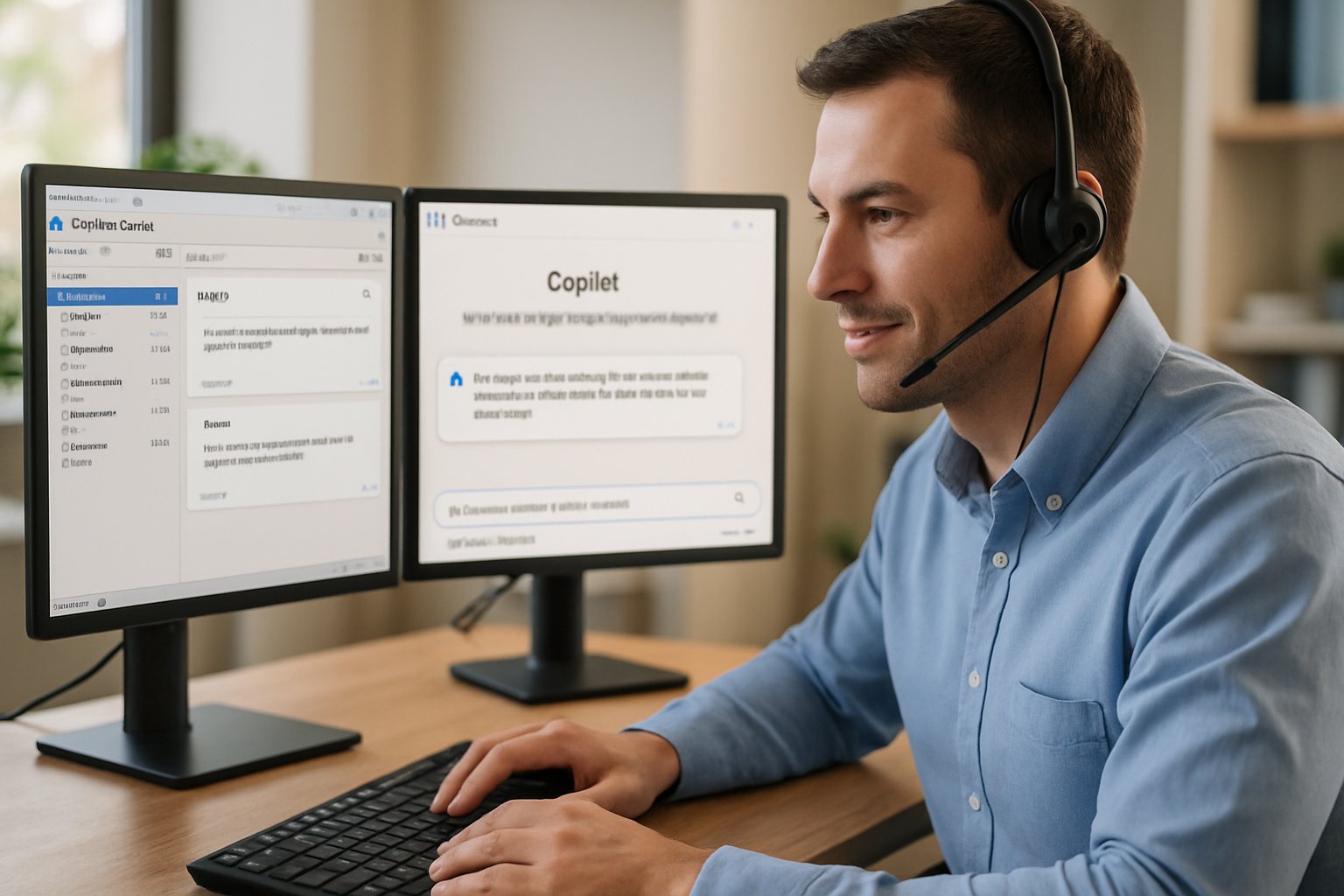 Customer support agent using Microsoft Copilot Adoption tools on computer screens.