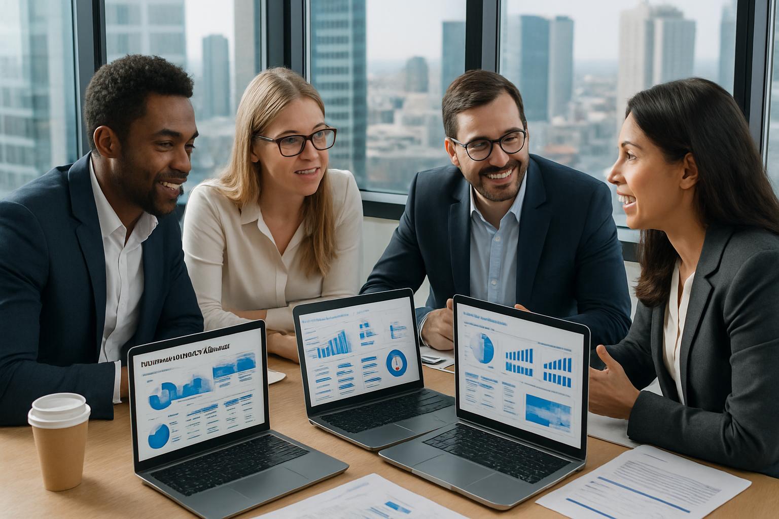 Finance leaders track Microsoft Copilot Adoption KPIs during collaborative team meeting.