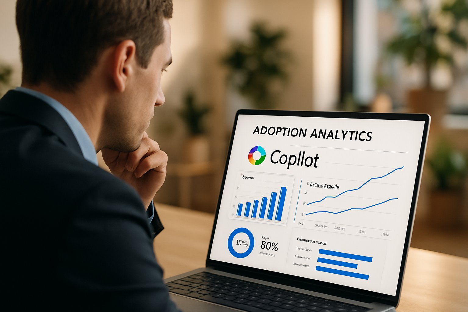 Professional reviewing Microsoft Copilot adoption analytics dashboard on laptop