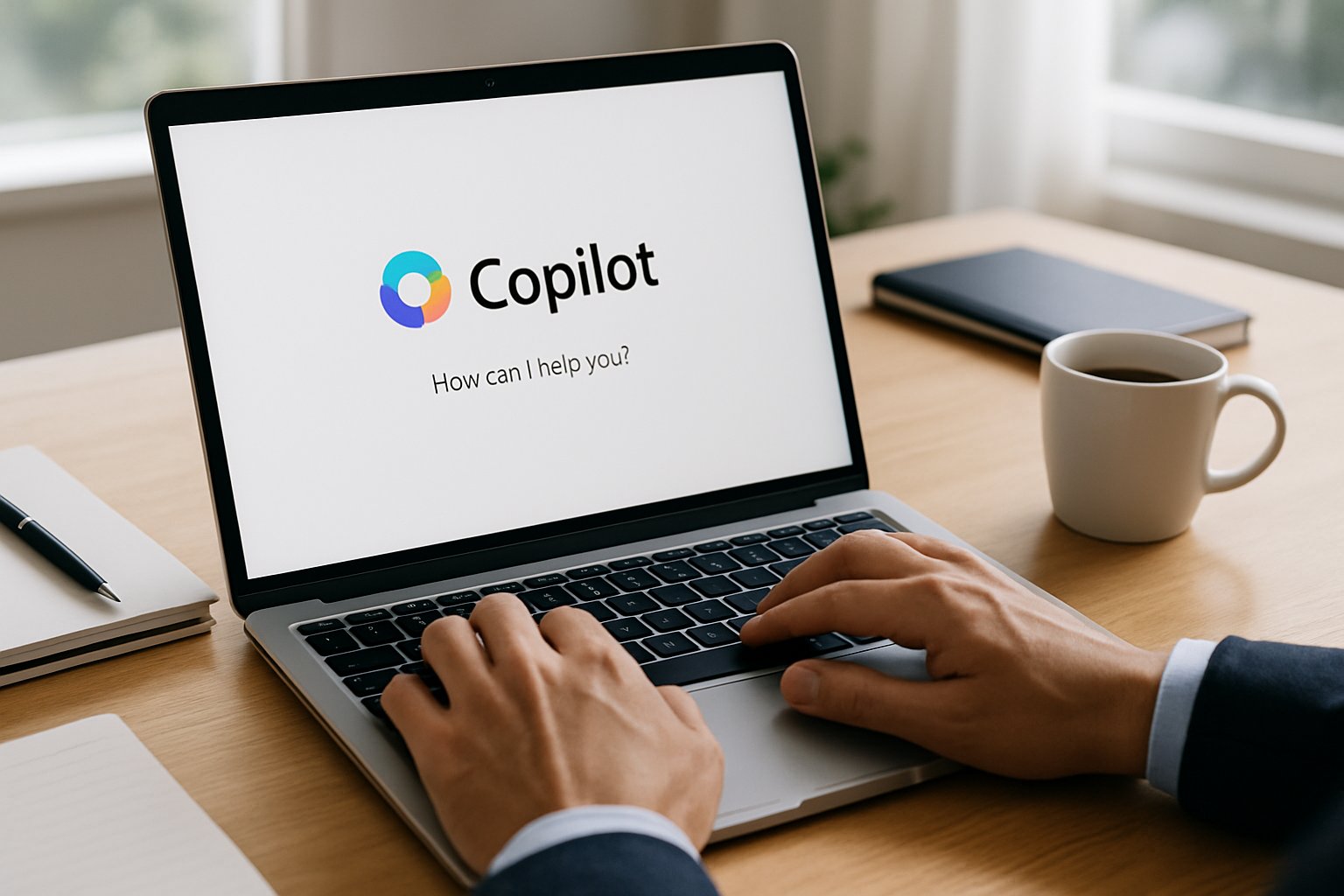 Professional using Microsoft Copilot Adoption interface on laptop.