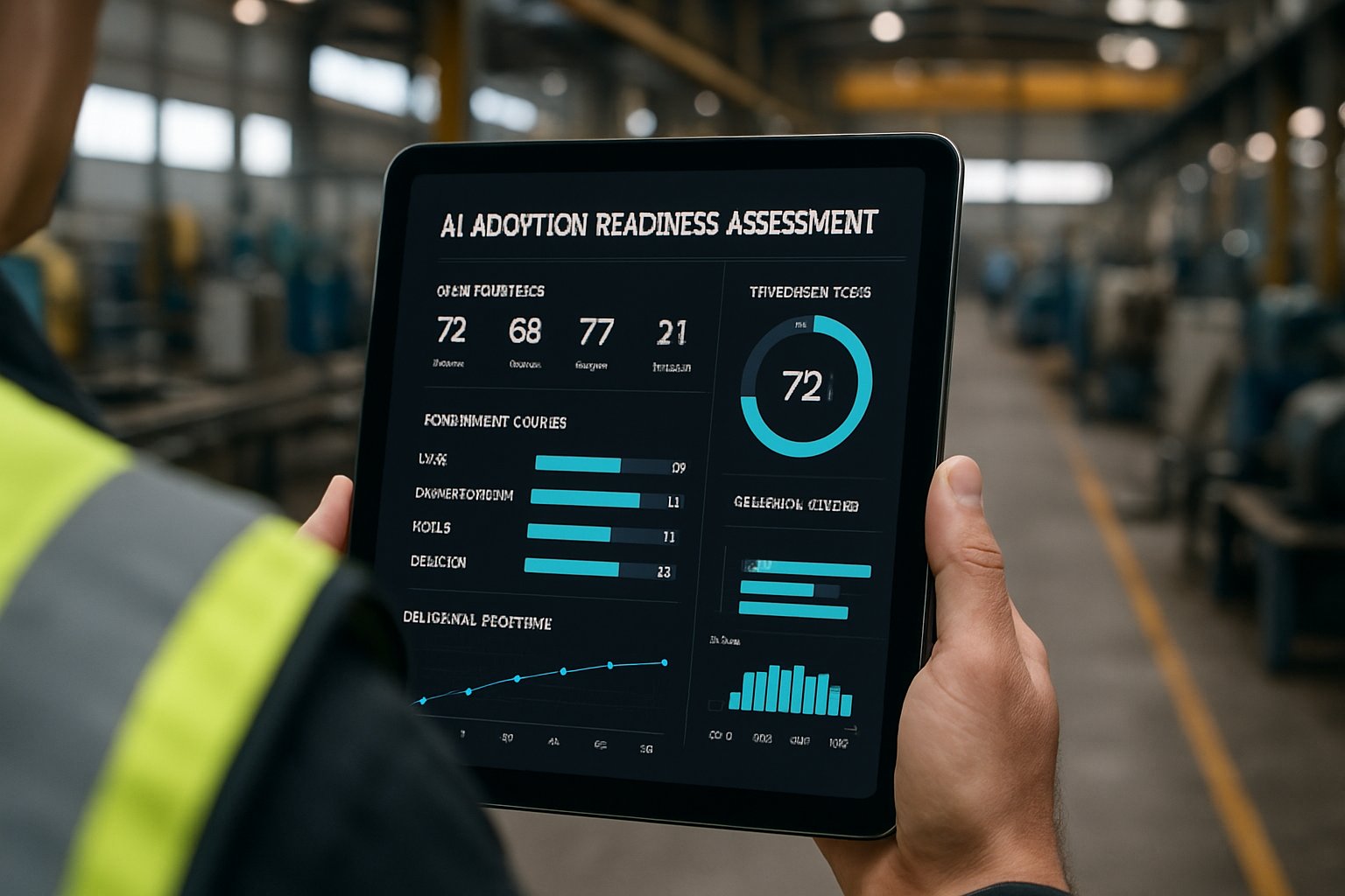 Tablet showing AI adoption readiness metrics in a real smart factory environment.