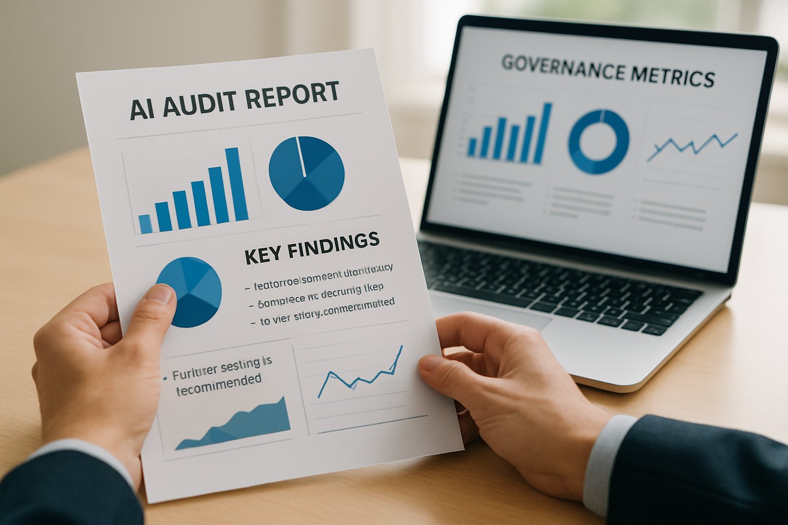 AI Audit Services report analyzed with governance metrics on a laptop.