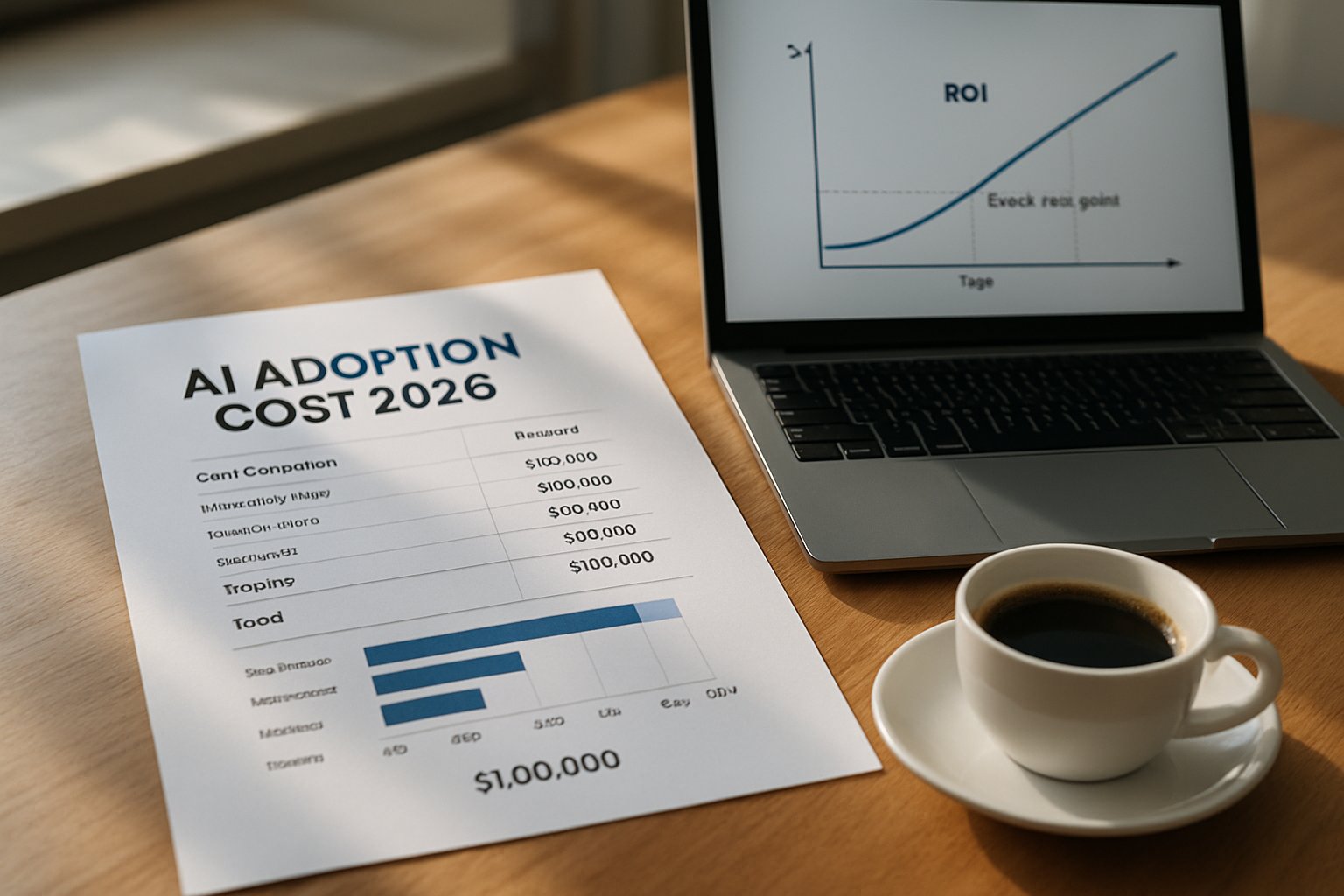 Detailed 2026 AI Adoption Cost budget breakdown document on an office desk.