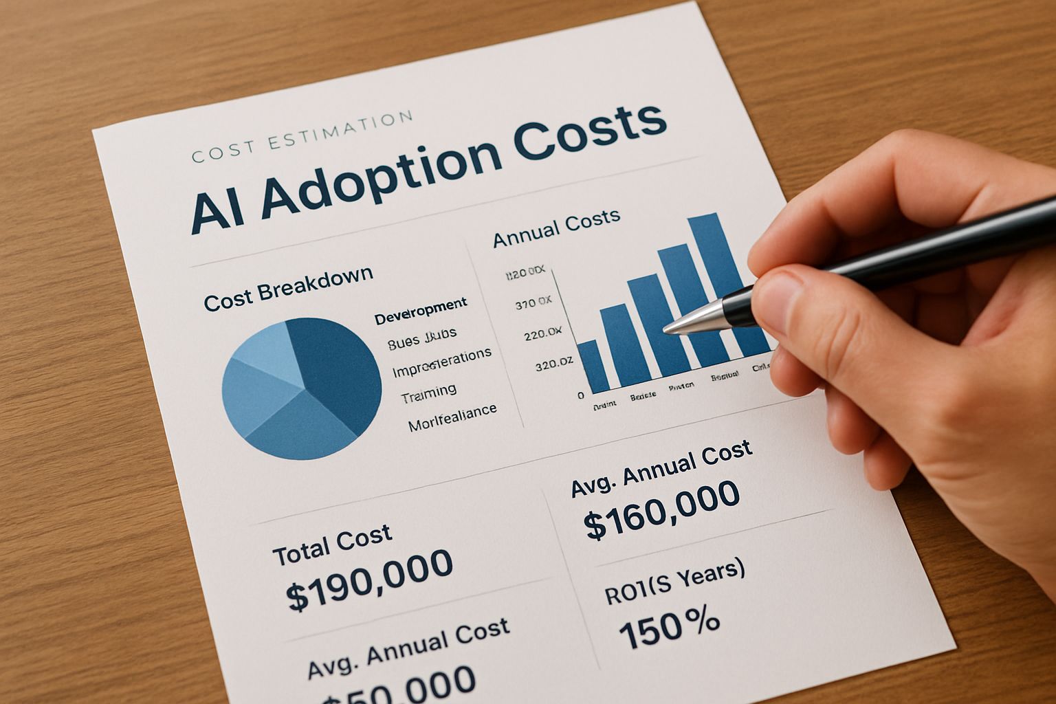 Printed AI adoption cost estimation report with charts on wooden desk for finance review