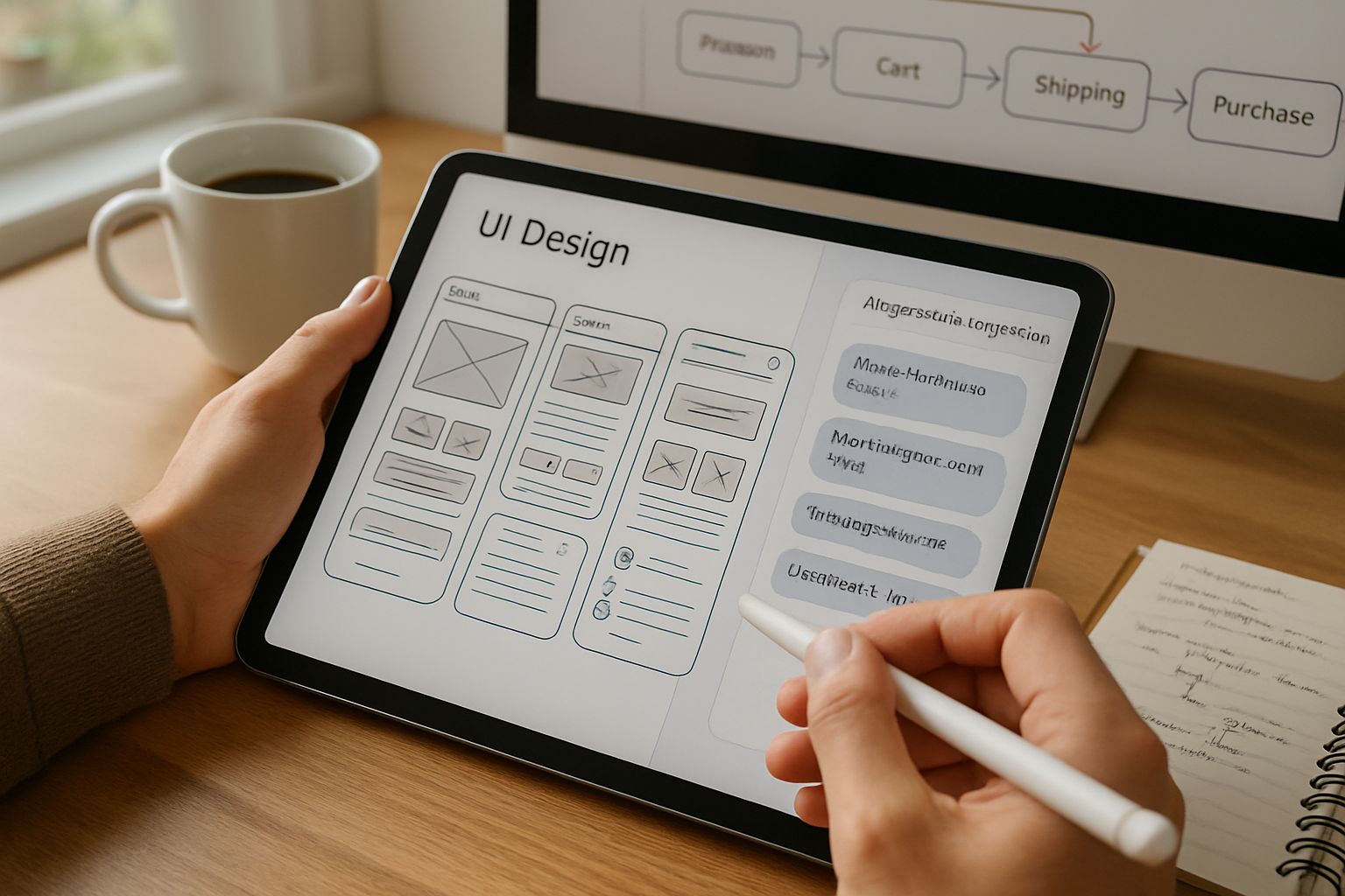 Designer using generative AI on a digital tablet for product design workflow.