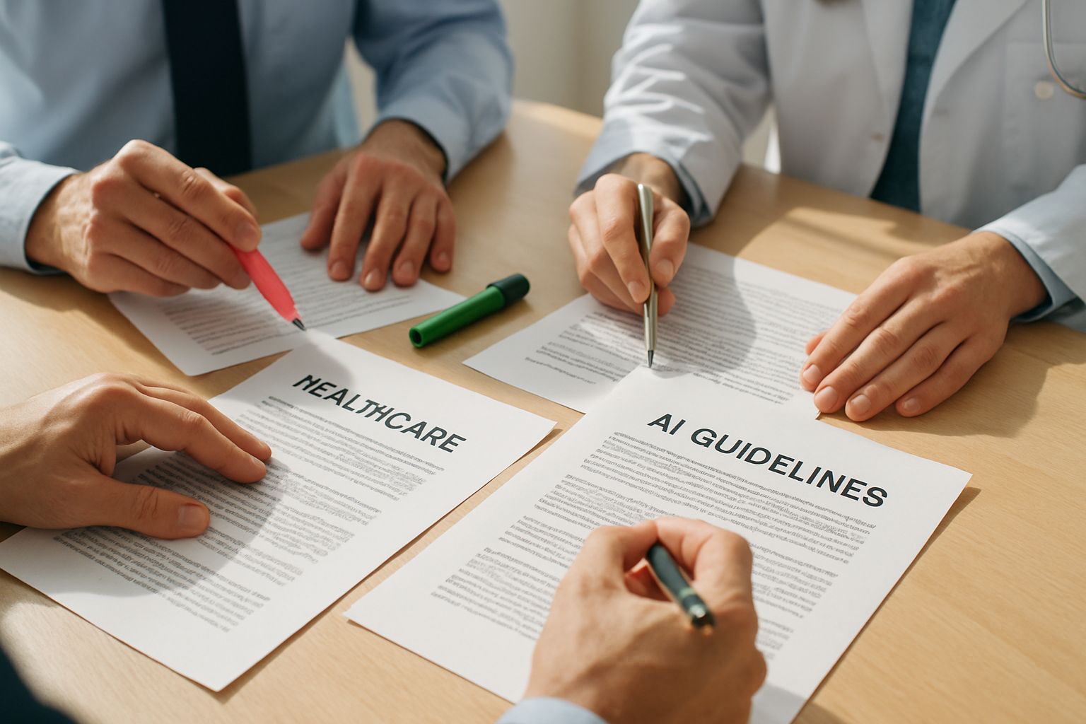 Professionals review AI guidelines for healthcare ethics policies.