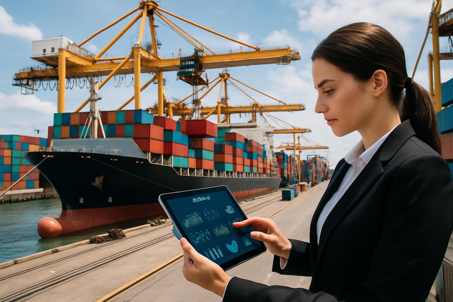 Businesswoman oversees cargo loading using AI analytics at a busy port.