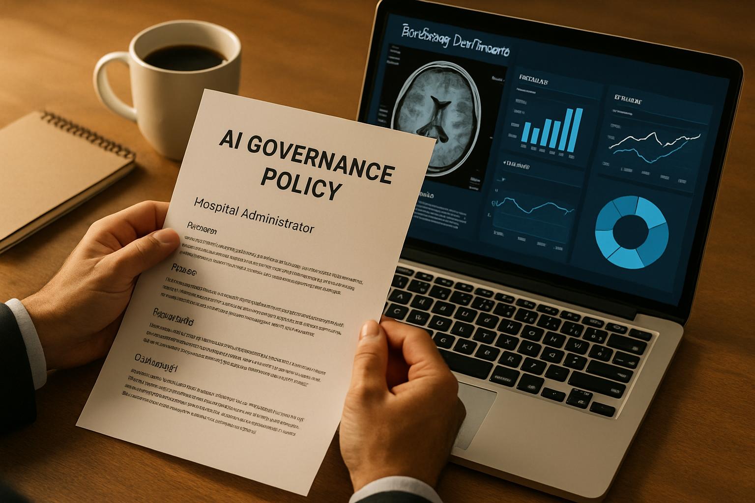 Hospital administrator reviews AI governance and ROI documentation for radiology department.