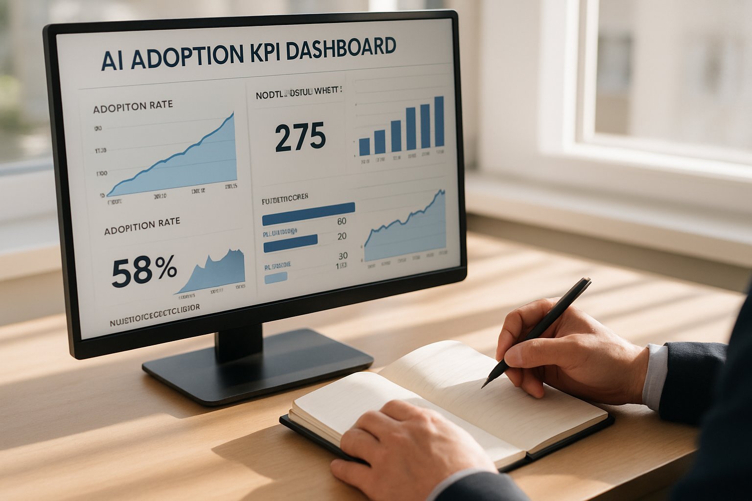 KPI dashboard for AI adoption on a professional's computer screen.