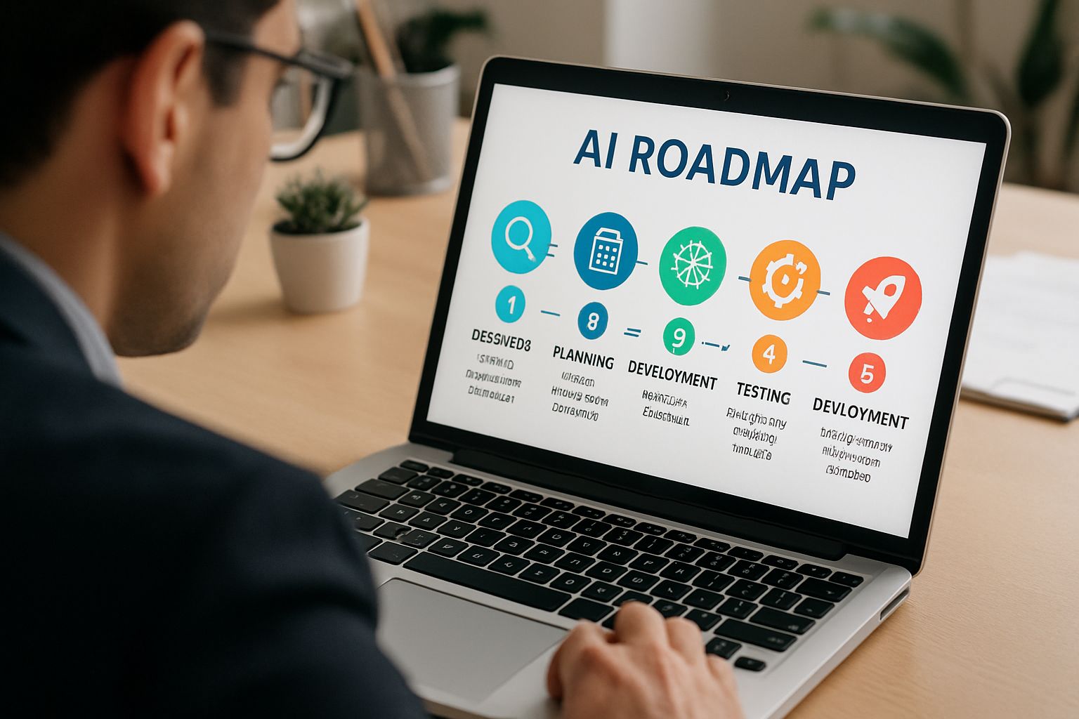 Analyzing enterprise AI adoption roadmap with five-step plan on laptop screen