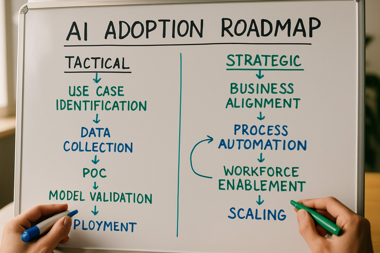 AI adoption roadmap whiteboard outlining tactical and strategic approaches.